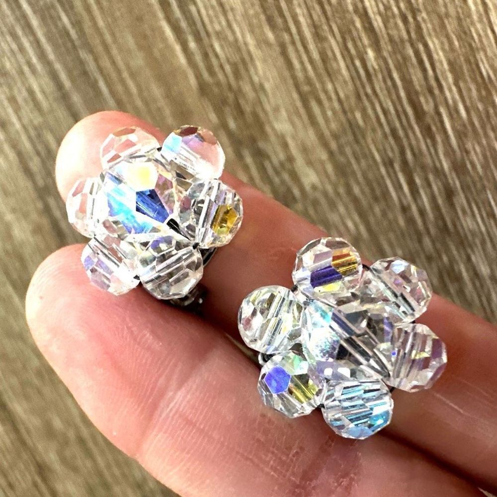 Vintage Aurora Borealis cluster crystal  clip on earrings